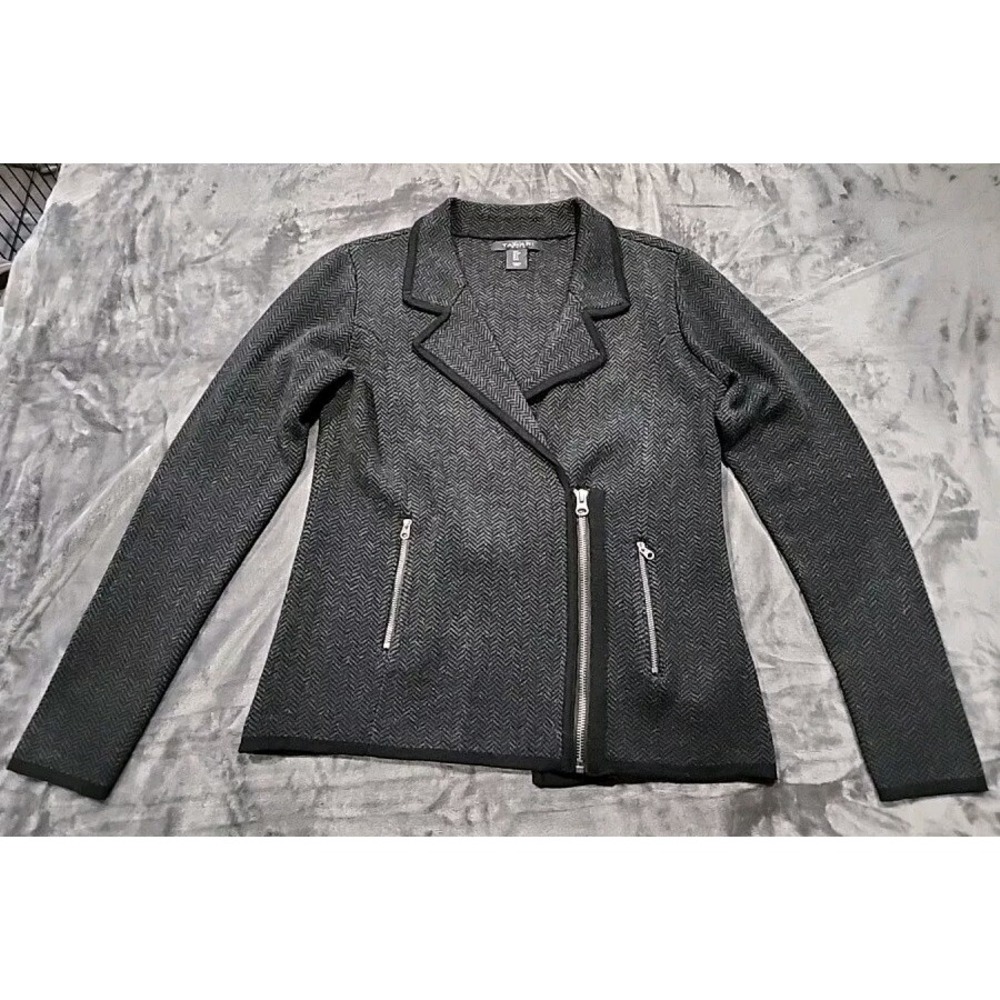 Tahari Jacket Wool Blend Dark Gray Black Womens Size Small Long Sleeve 3/4 Zip